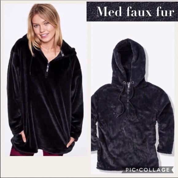 PINK Victoria's Secret Jackets & Blazers - VS Pink HoodieFaux Fur Half Zip pullover Black S